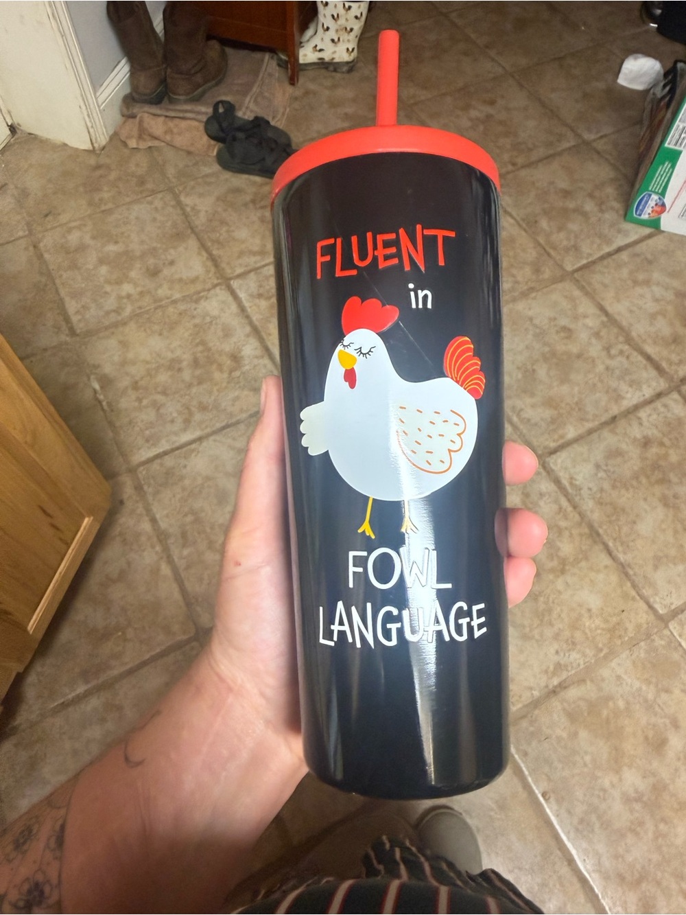 Black Tumbler with Chicken 'Fluent in Fowl Language'